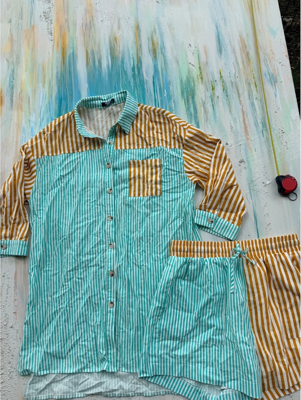 Two piece striped button up and shorts